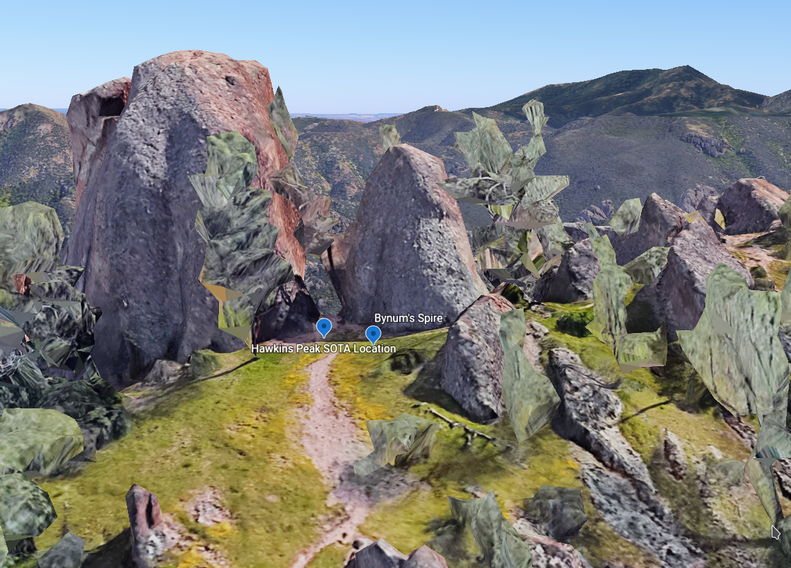 A close up Google Earth view of Hawkins Peak Pinnacles National Park.