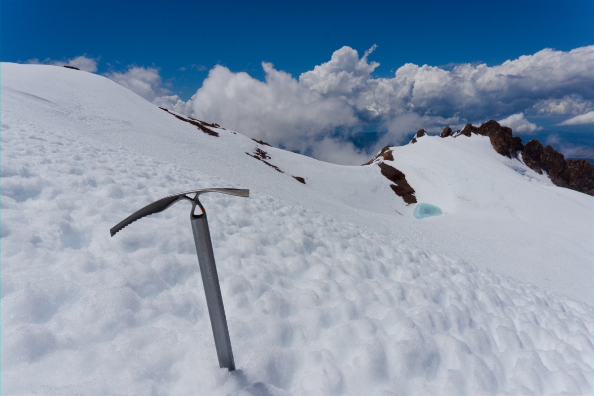 Looking back along the Whitney Glacier towards the West Face route while at Misery Hill (Mt. Shasta).